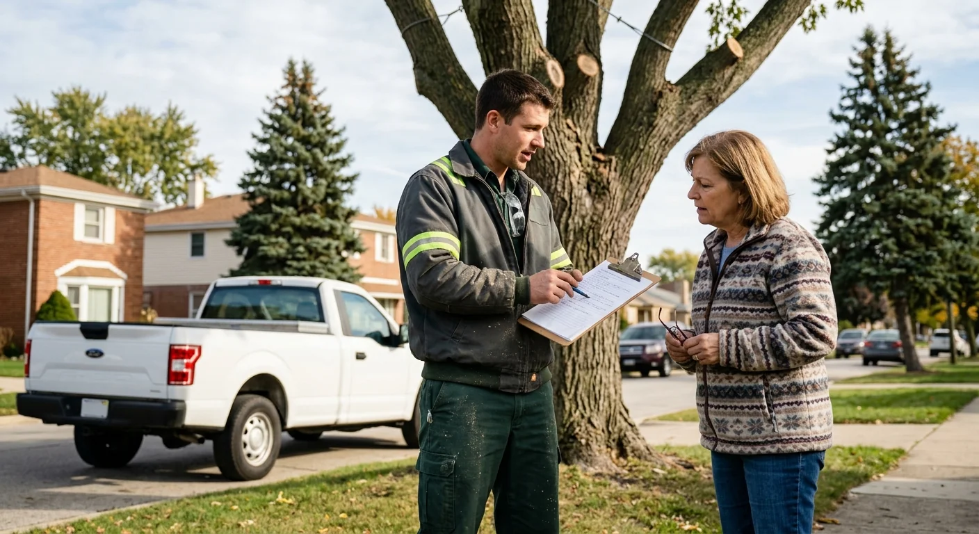 Homeowner and technician discussing a written tree risk report outdoors in Bellwood