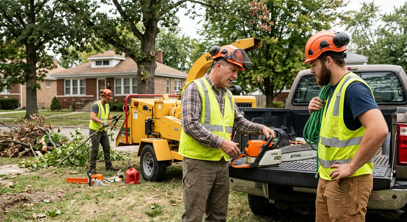 Local tree care team preparing equipment for a job in Bellwood
