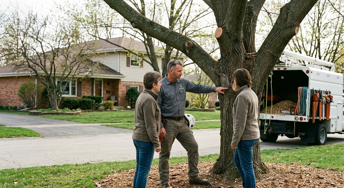 Arborist inspecting a restored mature tree on a Bellwood property
