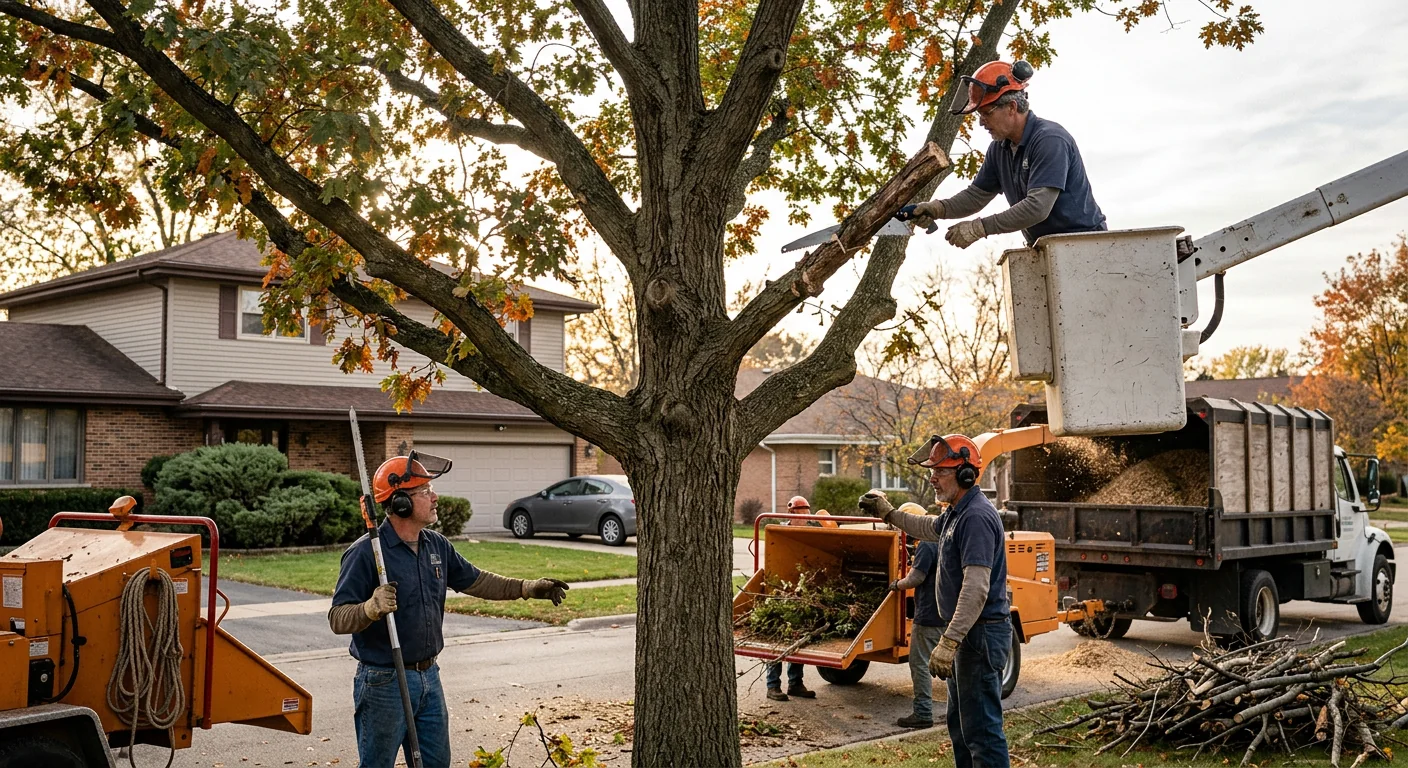 Technicians performing corrective pruning on an aging residential tree