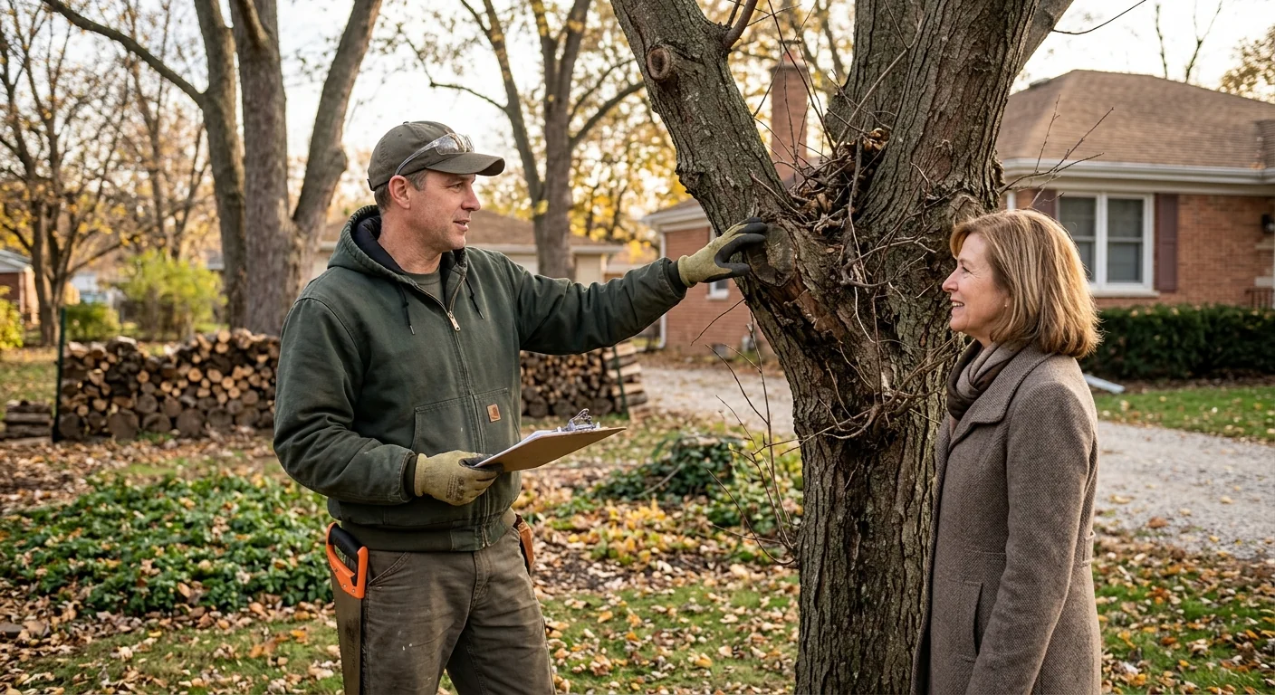 Arborist reviewing a restorative pruning plan with a homeowner beside a mature tree in Bellwood