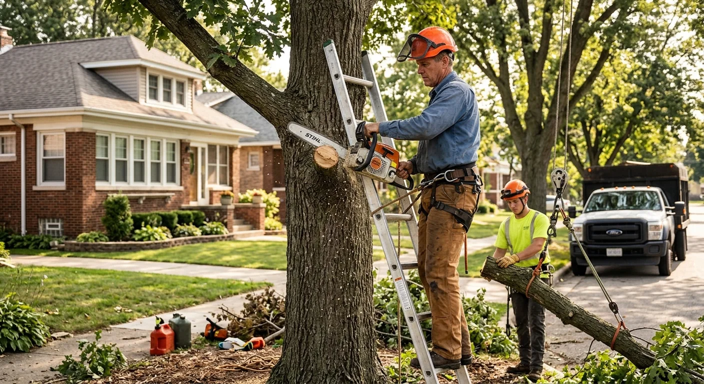 Tree service technician reviewing a written estimate with a Bellwood homeowner outdoors