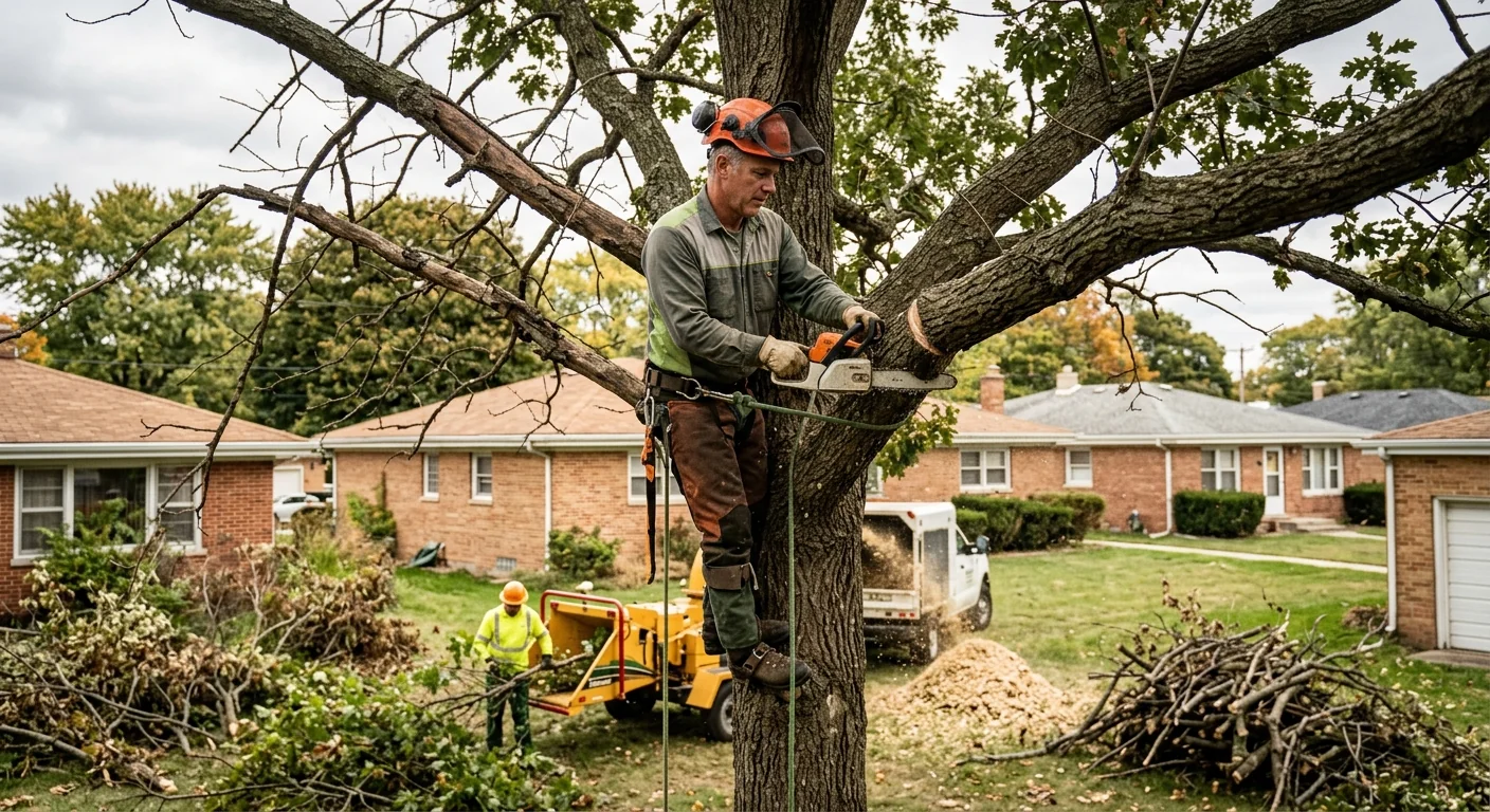 Arborist reviewing a written tree service estimate with a Bellwood homeowner outdoors