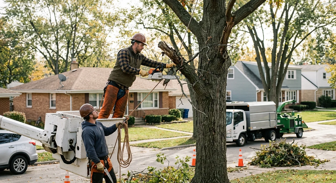 Tree service technician reviewing a written estimate with a Bellwood homeowner outdoors