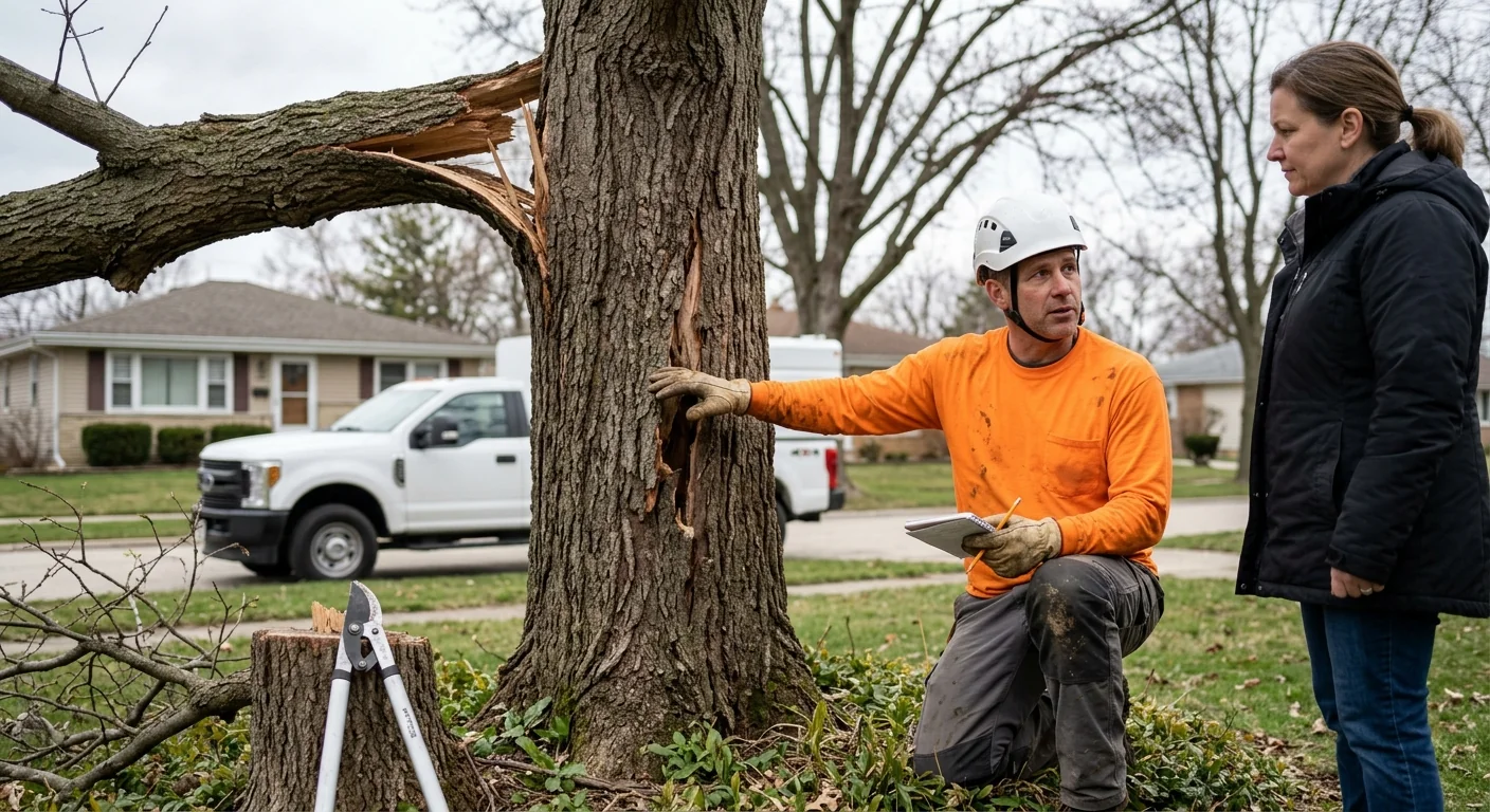 Arborist inspecting a storm-damaged mature tree in a Bellwood residential yard