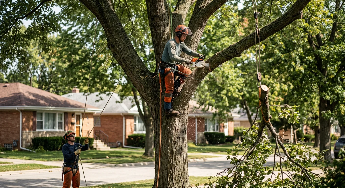Technician pruning overgrown canopy limbs to restore tree health in Bellwood