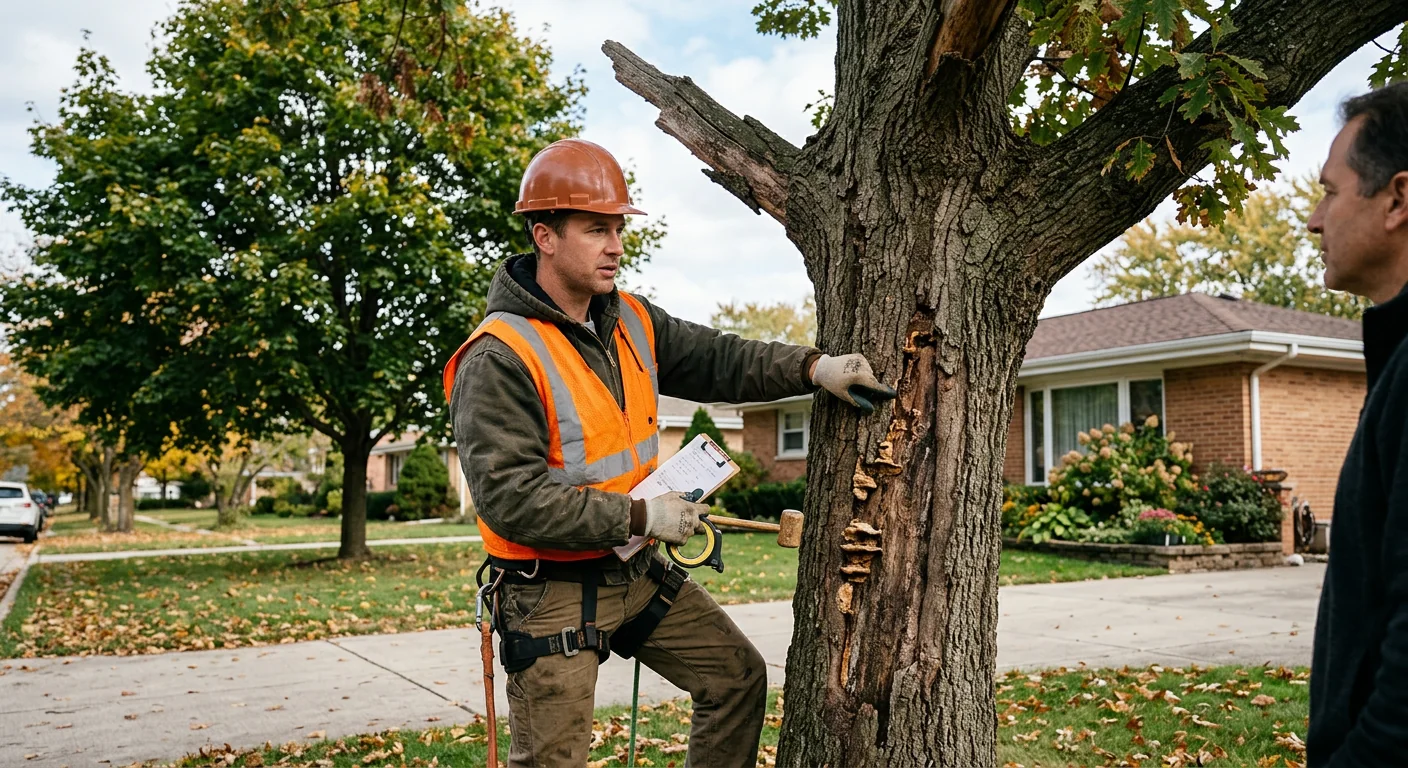 Arborist assessing a mature tree during an on-site evaluation in Bellwood