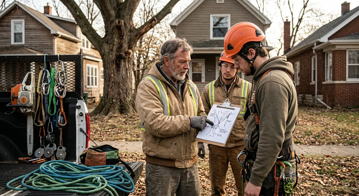 Crew reviewing rigging plan and equipment before starting a tree job