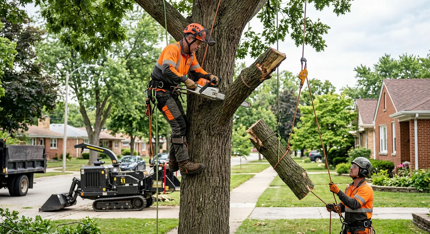 Technician performing controlled limb removal from a Bellwood shade tree