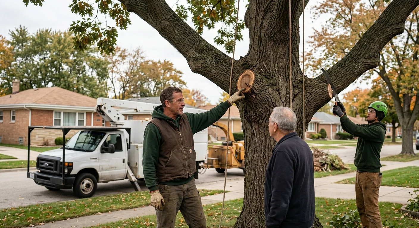 Tree service technician inspecting rigging and safety gear before pruning work in Bellwood