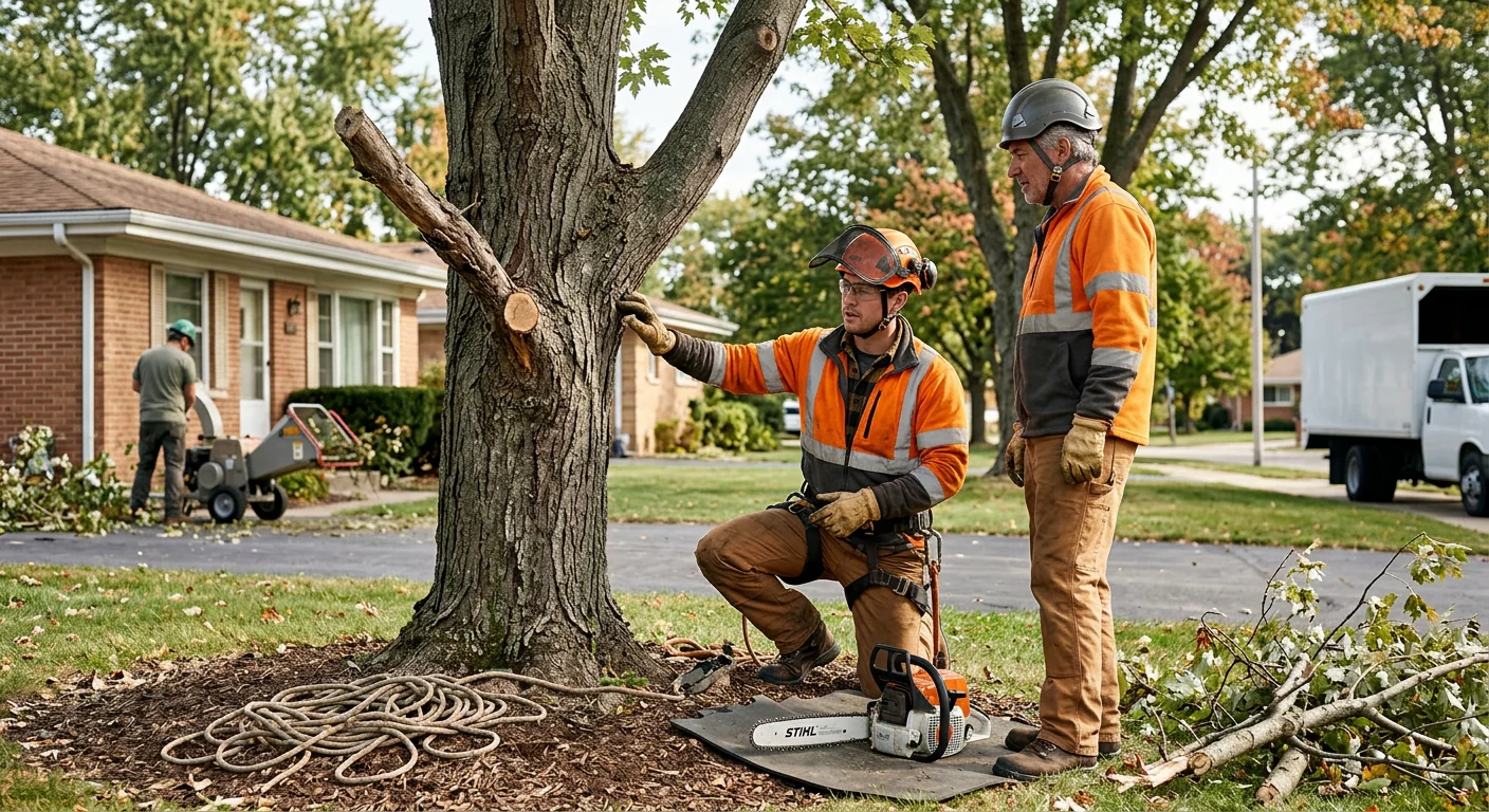 Experienced arborist inspecting a mature tree canopy on a Bellwood residential property