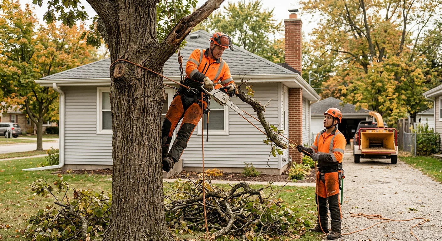 Arborist evaluating a mature tree canopy before trimming in a Bellwood yard