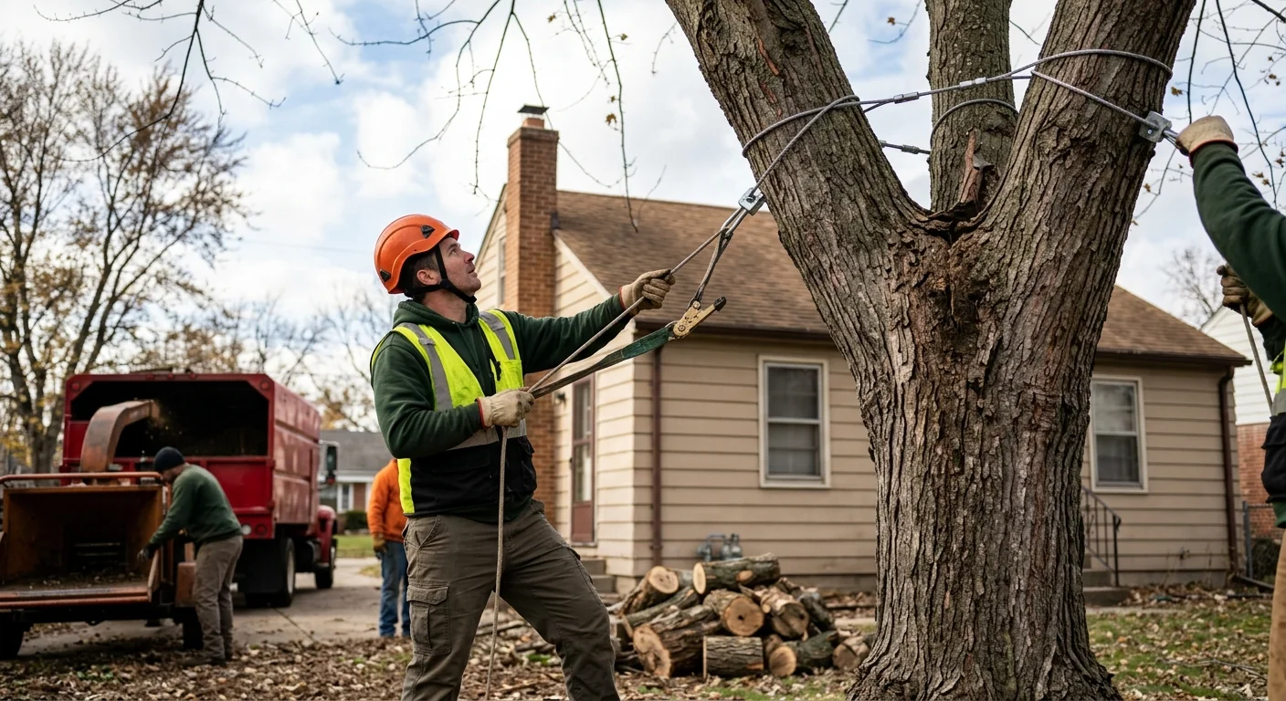 Arborist trimming a mature backyard tree canopy in Bellwood neighborhood