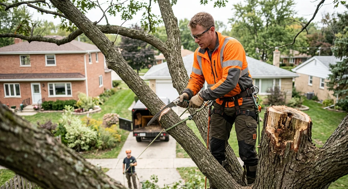 Arborist making a directional pruning cut on a mature backyard tree in Bellwood