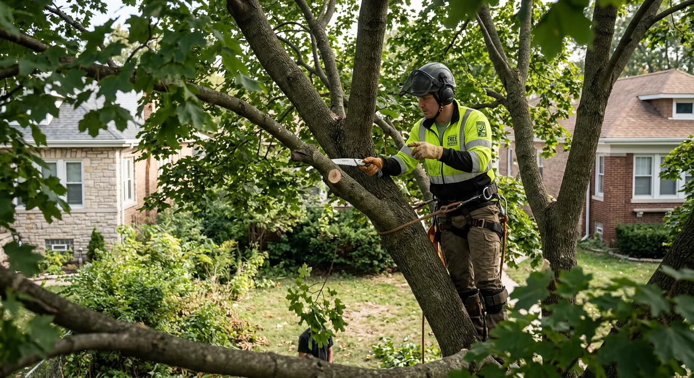 Technician thinning an overgrown residential canopy to restore airflow and shape