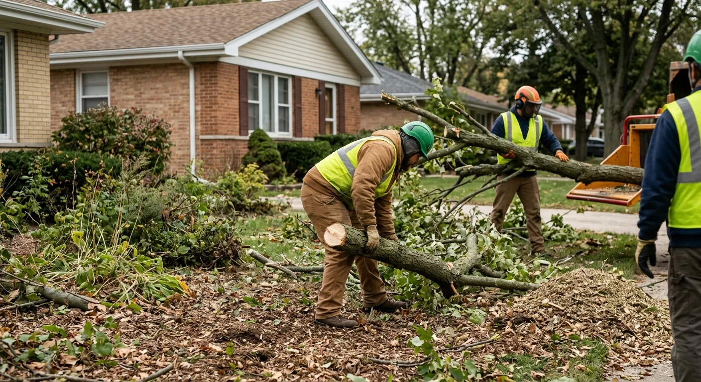Ground crew removing trimmed limbs from a Bellwood front yard