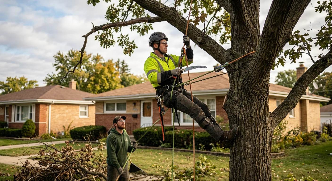 Climber using rated lines to reach upper branches during tree trimming