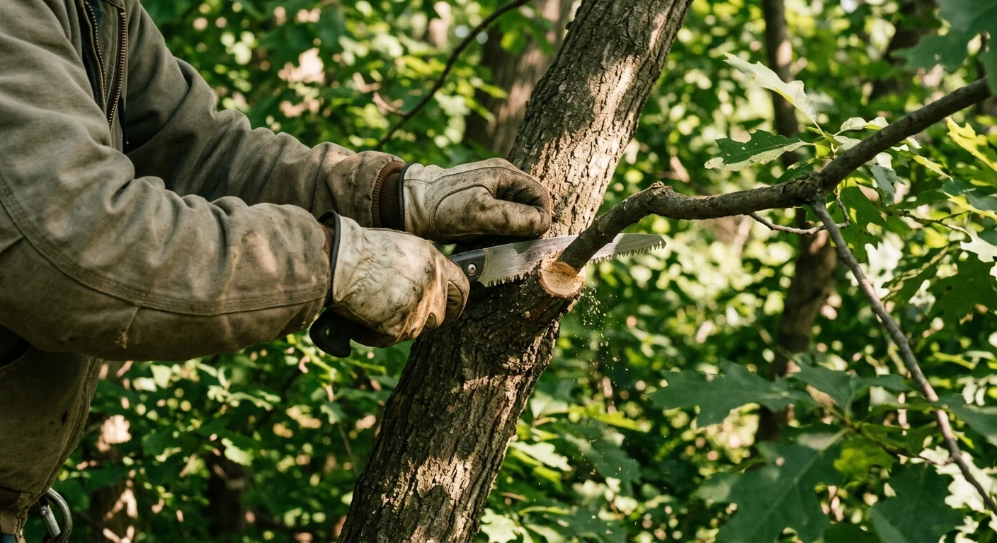 Arborist making a directional pruning cut on a residential shade tree in Bellwood