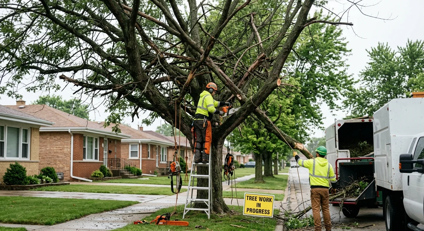 Overgrown parkway tree with crossing limbs before restorative trimming