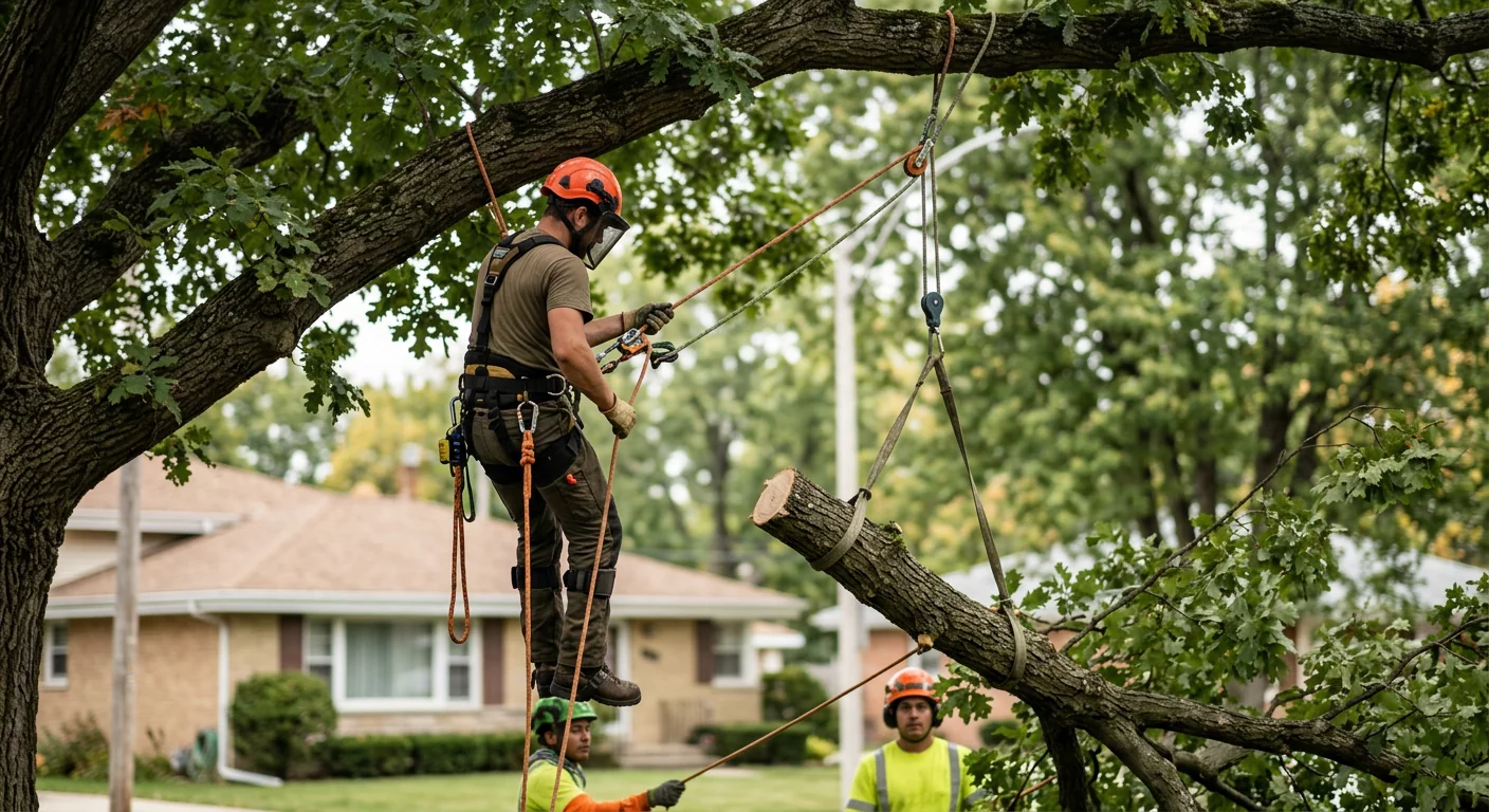 Climber using rigging lines to lower a heavy limb during a trimming job