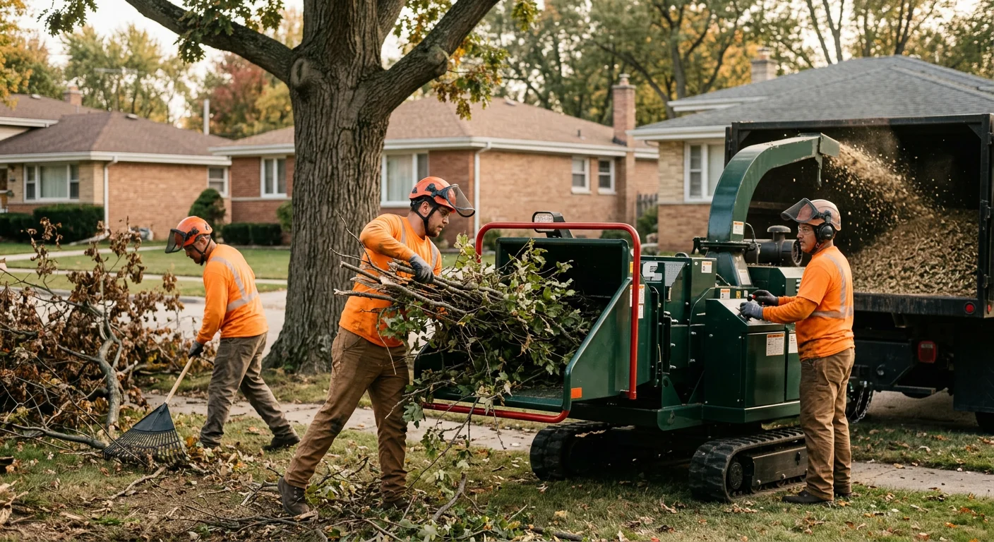 Wood chips being loaded into a chipper during brush cleanup