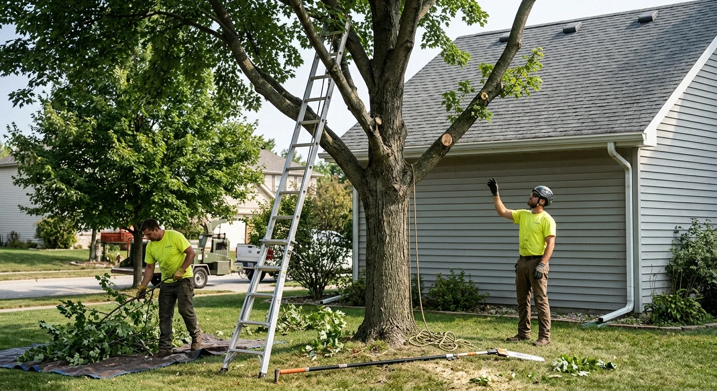 Crown raising work clearing branches away from a house roofline