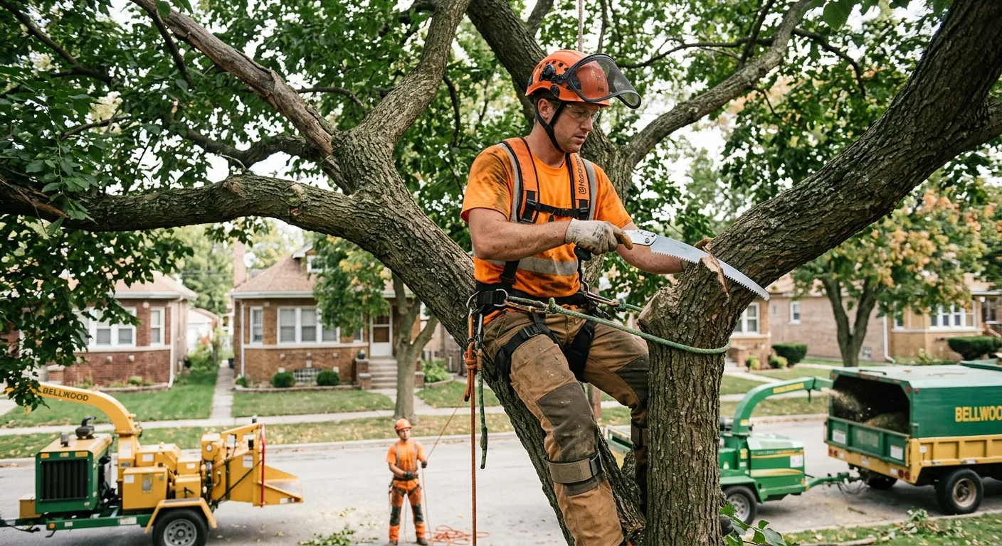 Technician making a precise pruning cut high in a mature Bellwood tree